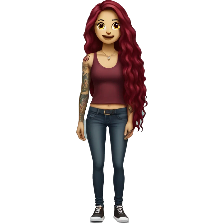Beautiful tattooed burgundy long haired woman standing next to a car emoji
