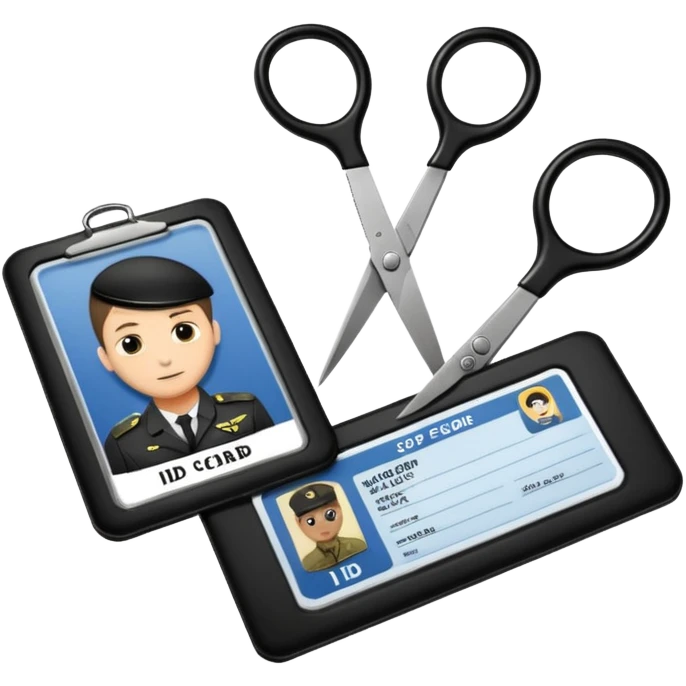 black Scissors cutting an idf soldier ID card in 2 parts .hyper realistic emoji