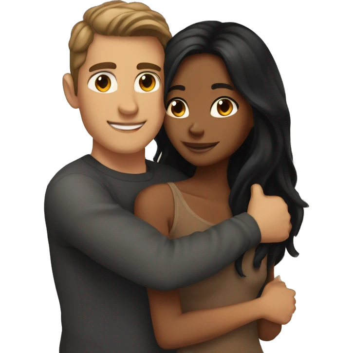 tan skin, Black long hair girl hugging with a fair skin man with brown hair on top emoji