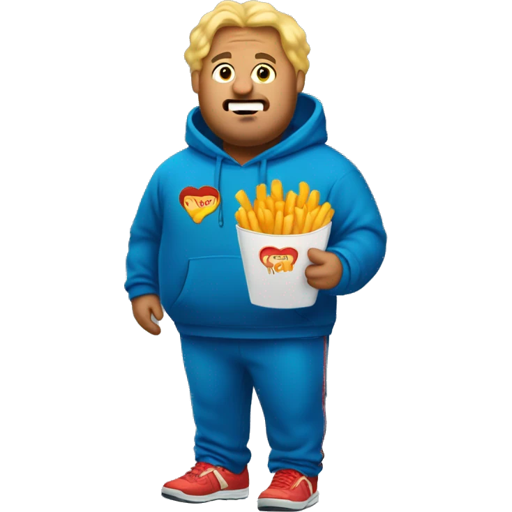 fat blonde man in dirty blue sweatsuit with chili cheese fries in his mouth emoji