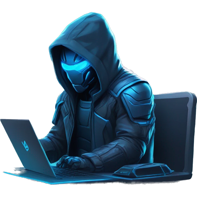 developer behind his laptop with this style : crysis Cyberpunk Riot Games Valorant neon glowing bright blue character blue black hooded assassin themed character emoji