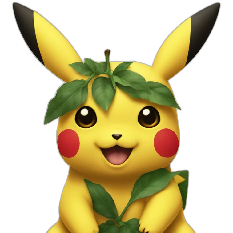 pikachu with tattoo of four black leafs without textures in an invisible square pointing into corners on forehead. leafs being black without texture emoji