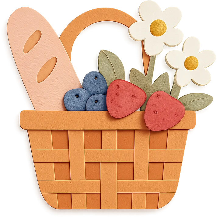 a picnic basket with berries, bread, and flowers, warm pastel shades, paper craft style emoji