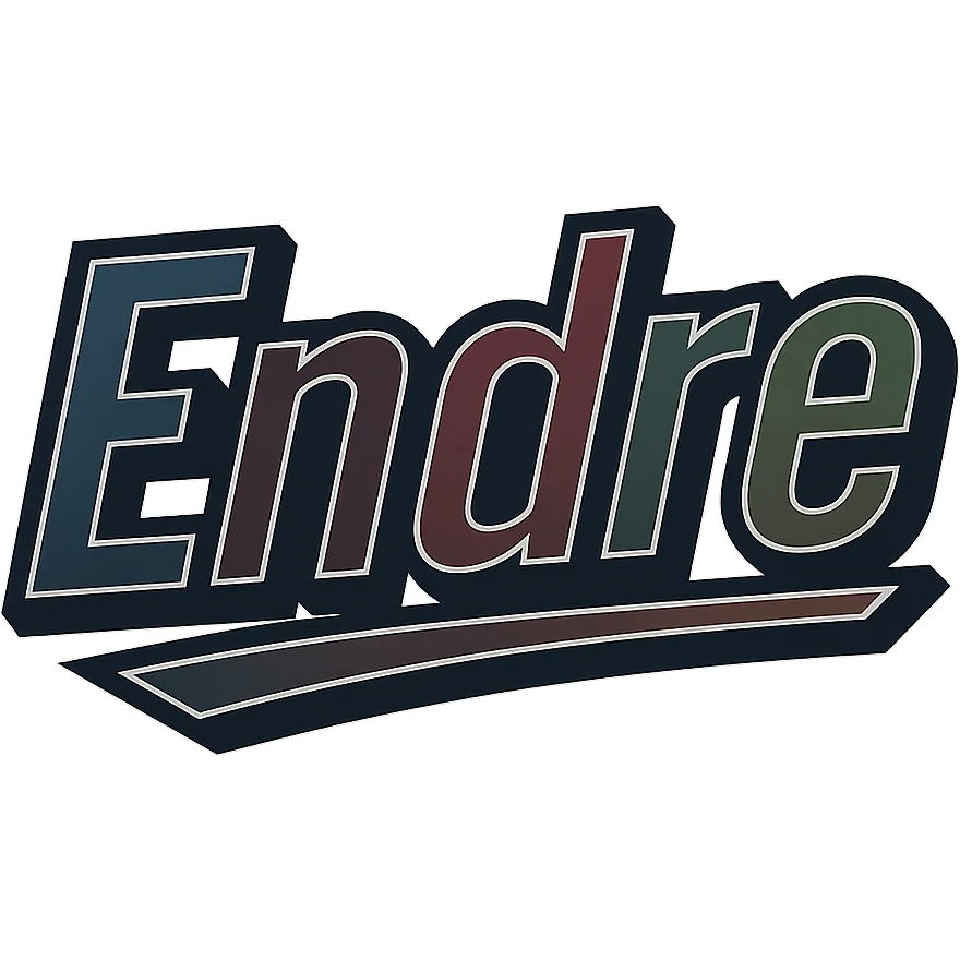 Endre name in masculine, modern, gradient font with dark contour, thin and clearly visible white border around letters, dynamic slanted underline, masculine color shades (blue, gray, burgundy, green, brown), 1000x1000 px, PNG, transparent background, in the style of the uploaded Attila sample. emoji