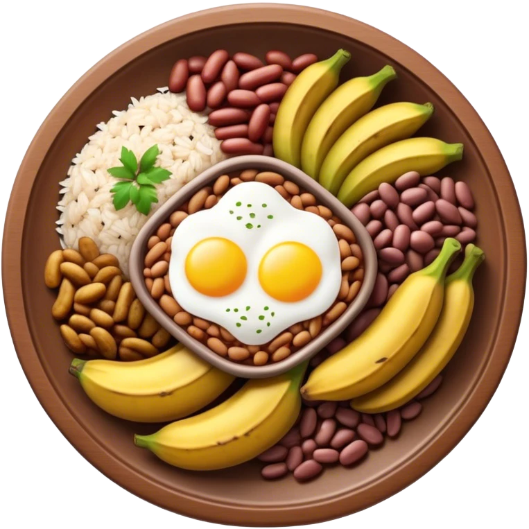 Cinematic Realistic Bandeja Paisa Dish Emoji, depicted as a hearty platter featuring beans, rice, meat, and plantains rendered with detailed textures and vibrant, robust lighting. emoji
