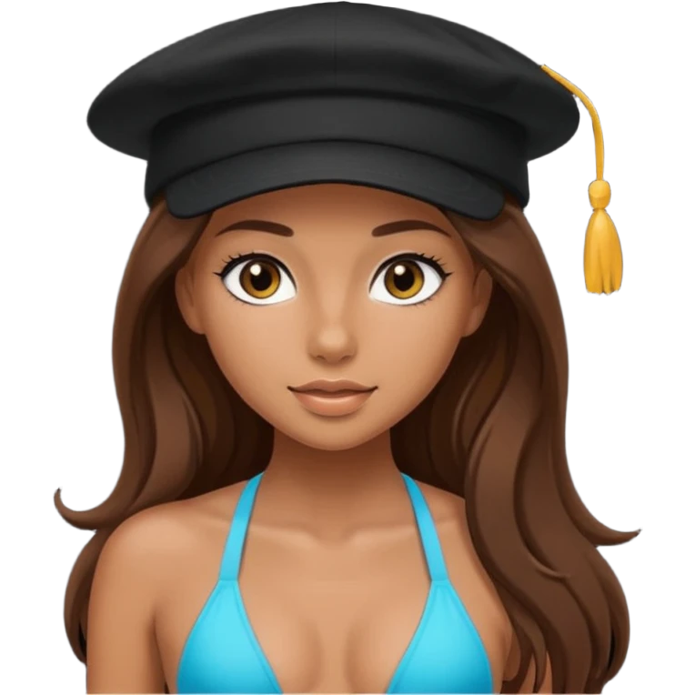 A tanned girl's face long brown hair with black cap with black bikini emoji