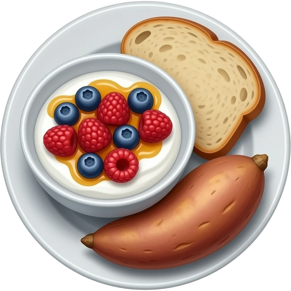 Realistic Plate with greek yogurt bowl topped with blueberries raspberries and maple syrup and sourdough slice topped with olive oil and a sweet potato on the side HD emoji