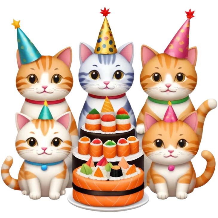 six cats celebrating one cat's birthday party, all cats holding pieces of sushi, birthday cake, party hats, and decorations emoji