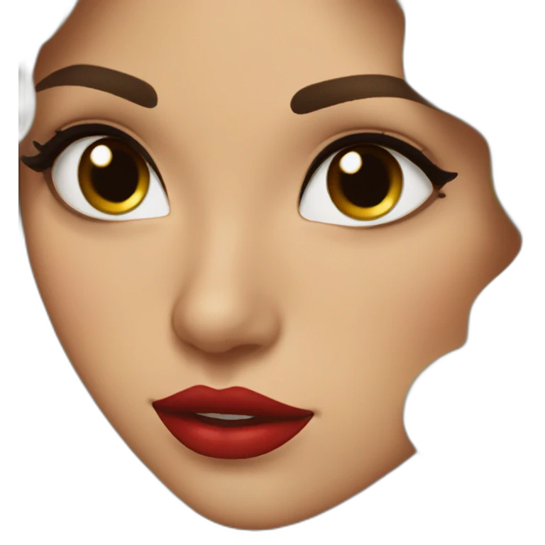 young moroccan woman with dark brown eyes, dark long curling hair, red lips, black dress, winking emoji