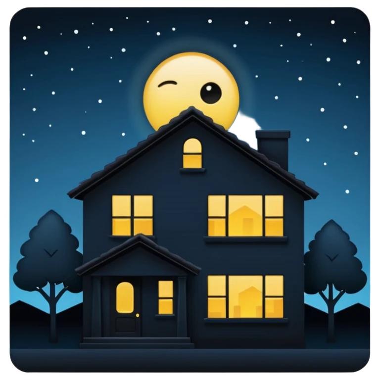 Minimalist emoji-style sticker of a house silhouette at night with a single lit window, and an eye visible inside. Flat, dark, quiet style.
 emoji