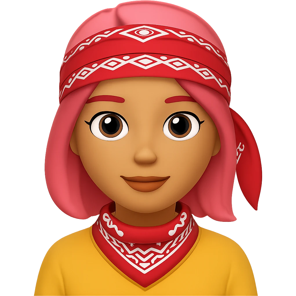 Create an image of a woman with a bandana and pink hair in the style of Apple emojis, with no background. The style should mimic the look of Apple emojis. emoji