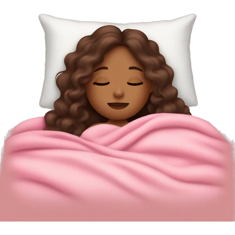Brown girl with long  curly hair resting in bed with eyes closed pink blankets head on arm emoji