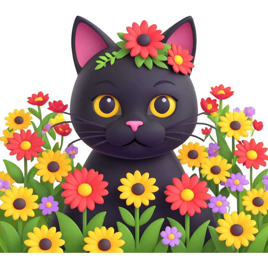 A black cat with a flower on its head in a field of flowers emoji