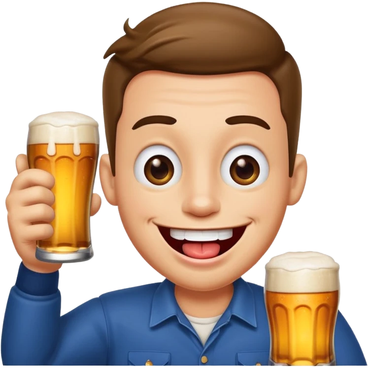 cartoon man with a big smile, crossed eyes, tongue out, holding beer emoji