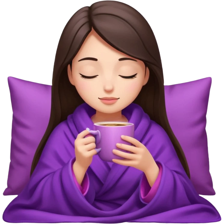 girl brunette inside a violet blanket sipping coffee from pink mug eyes closed emoji
