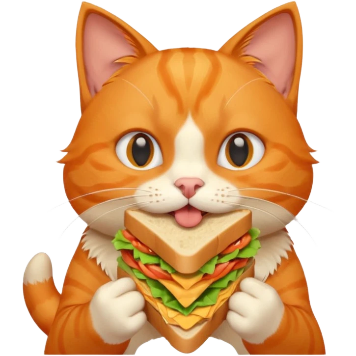 cute orange cat portrait, head and shoulders only, biting a sandwich, funny expression, 3D cartoon, mobile game icon style, clean background, no text, no watermark emoji