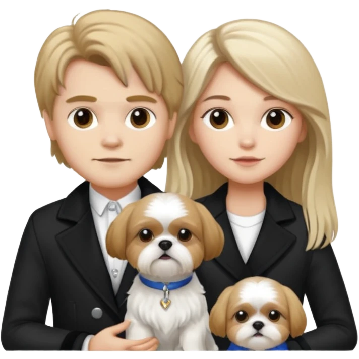 A couple boy with nice hair  and beautiful girl with long dark blond hair and with two shih tzu dogs with  black and white coat emoji