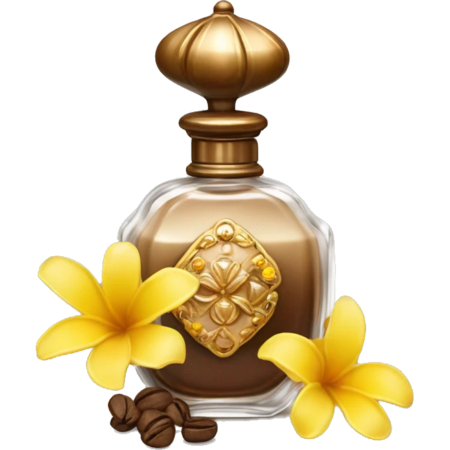 An antique perfume bottle with oil made of bronze and brown crystals, coconut, cream and coffee milk flow, yellow flowers of fragrant vanilla lie next to it emoji
