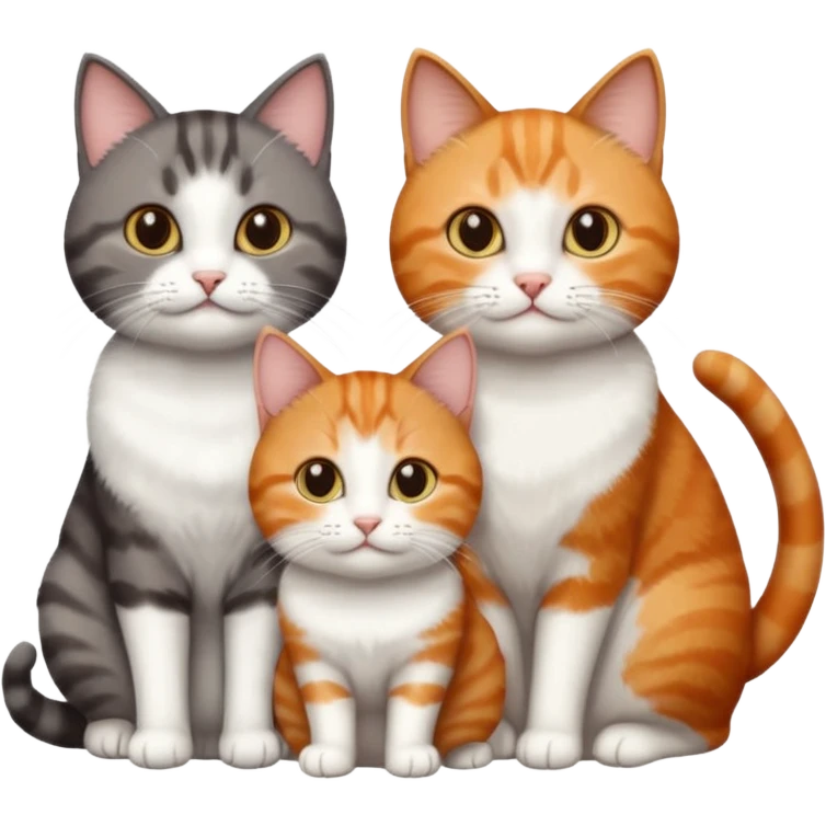 3 different coloured short haired cats including; a dark brown tabby and white cat, and a dark grey and white and a ginger and white emoji