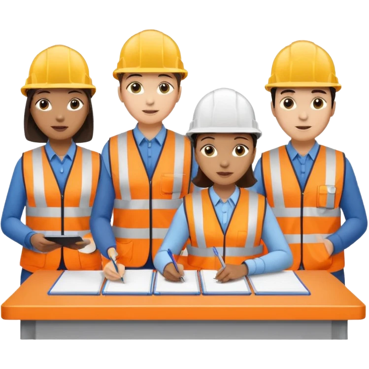 group of railway engineers mixed races and genders behind a table emoji