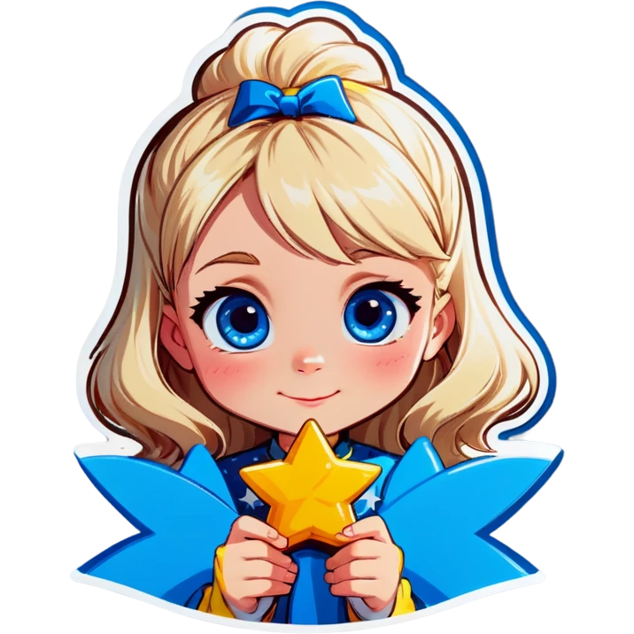 Blonde hair blue eyed girl making a wish on a star or love emoji