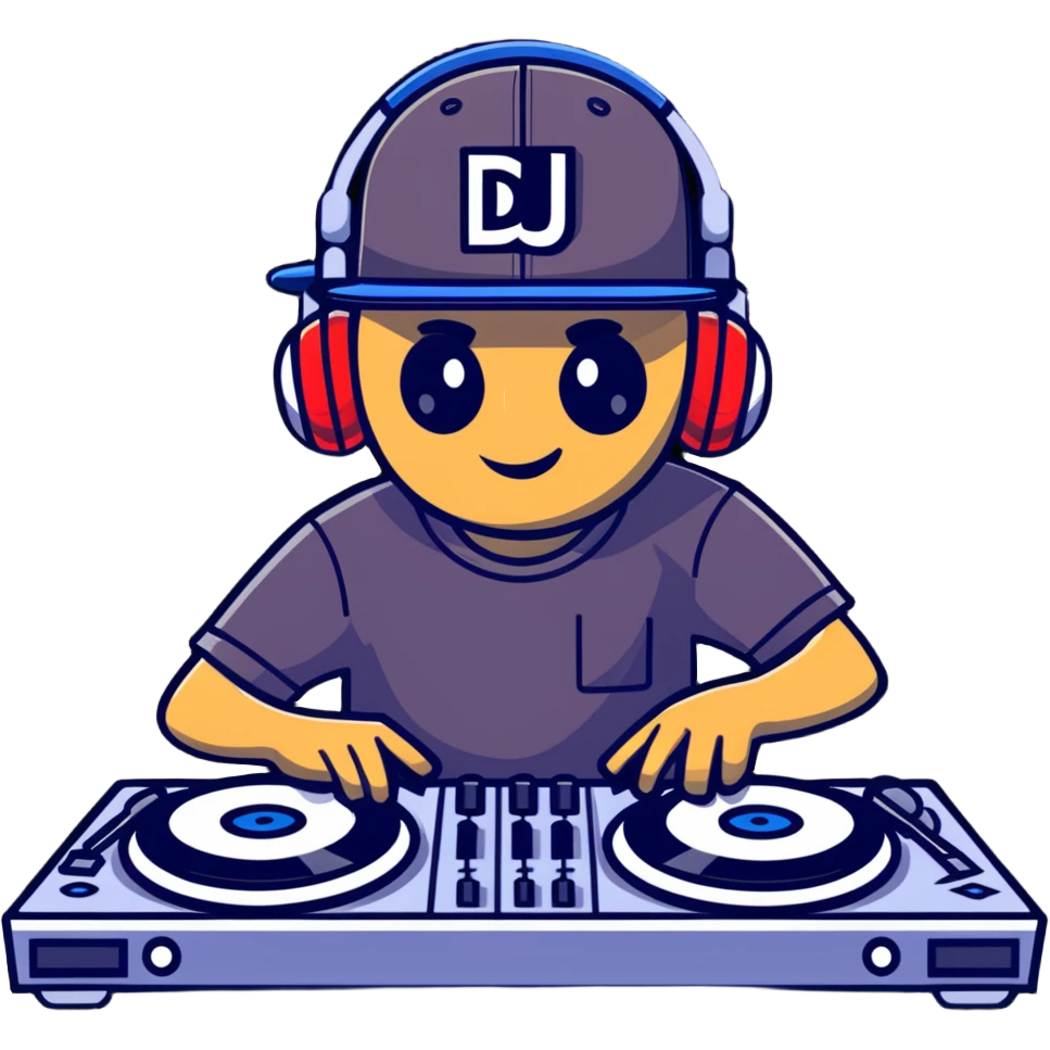 Russian rave artist DJ with cool cap performing electronic music emoji