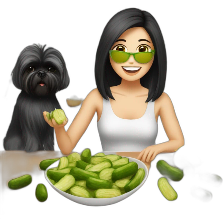 white woman with black long straight hair dancing salsa while eating pickles with a shih tzu dog emoji
