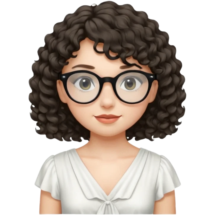 create a frontend girl that has a round face curly hair with a side curtain bangs and wears black rayban glasses doesnt smile with her teeth and white emoji