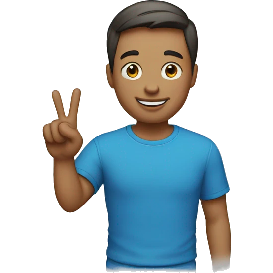 A portrait of a man with a short middle part haircut holding the peace sign and he is happy and he has a blue t shirt emoji