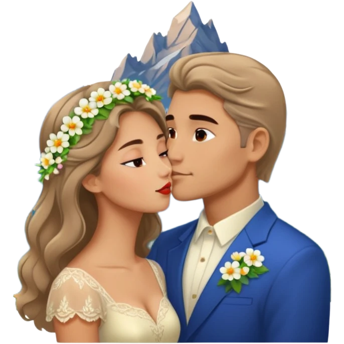 Kissing Couple traveling in Montenegro russian man and elegant  Latina girl delicate flowers and mountains in the background  emoji