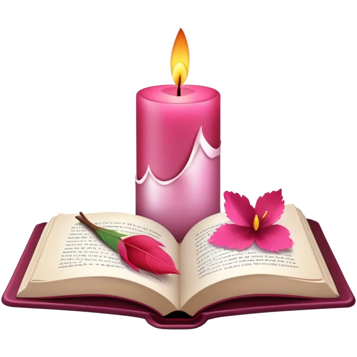 Aesthetic candle, quill dipped inside ink-glass, open book, flower petals emoji