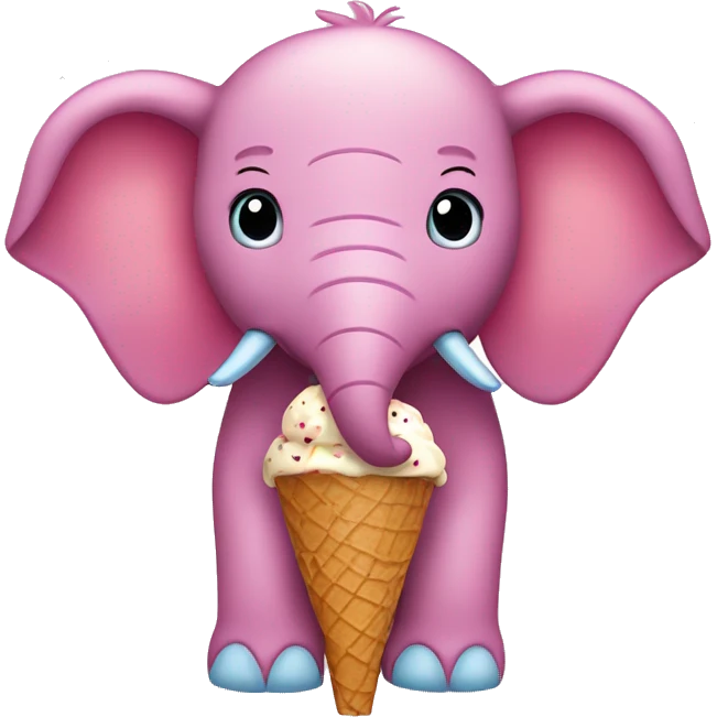 Pink elephant with blue polkadots, eating an ice cream cone with chocolate, vanilla, and strawberry emoji