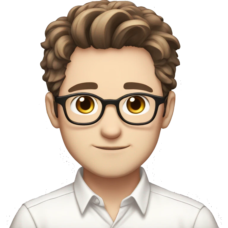 masterpiece, anime style, chibi, illustrated logo, medium short shot, 32 year old man, oval face, brown hair, glasses, brown eyes, white skin, white shirt, short hair
 emoji