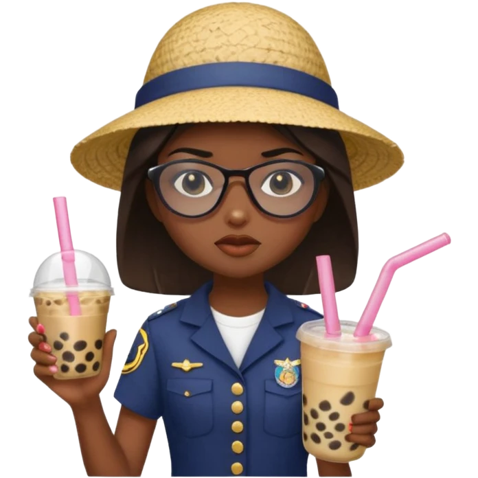 A Angry Teen Female with Dark skin and Bald, oval face, wearing a Uniform outfit, a Sunhat, Sunglasses, carrying a Enchanted staff, working as a teacher, while drinking Bubble tea and reading a Comic.
 emoji