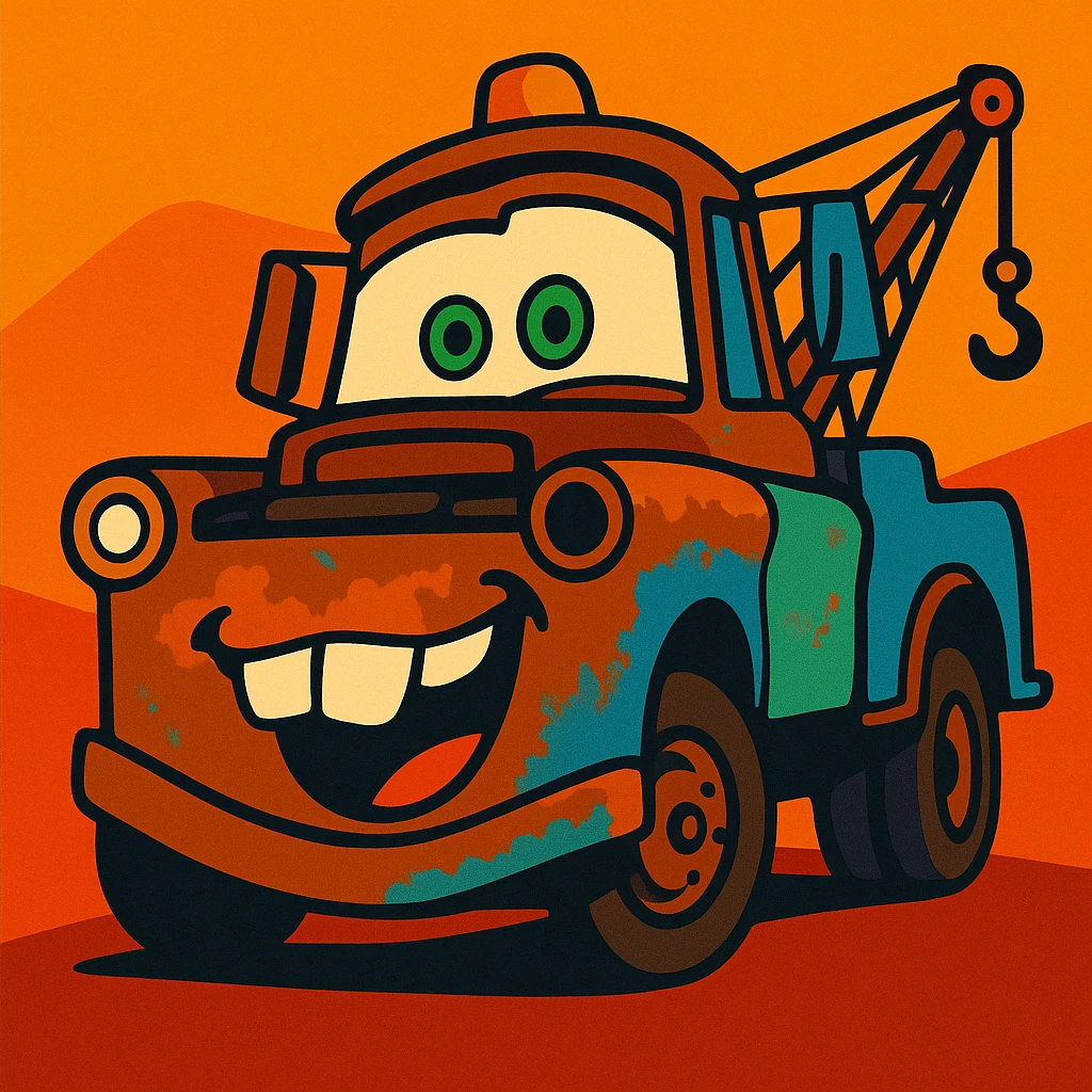 Mater from Cars, goofy expression, vibrant toon style emoji