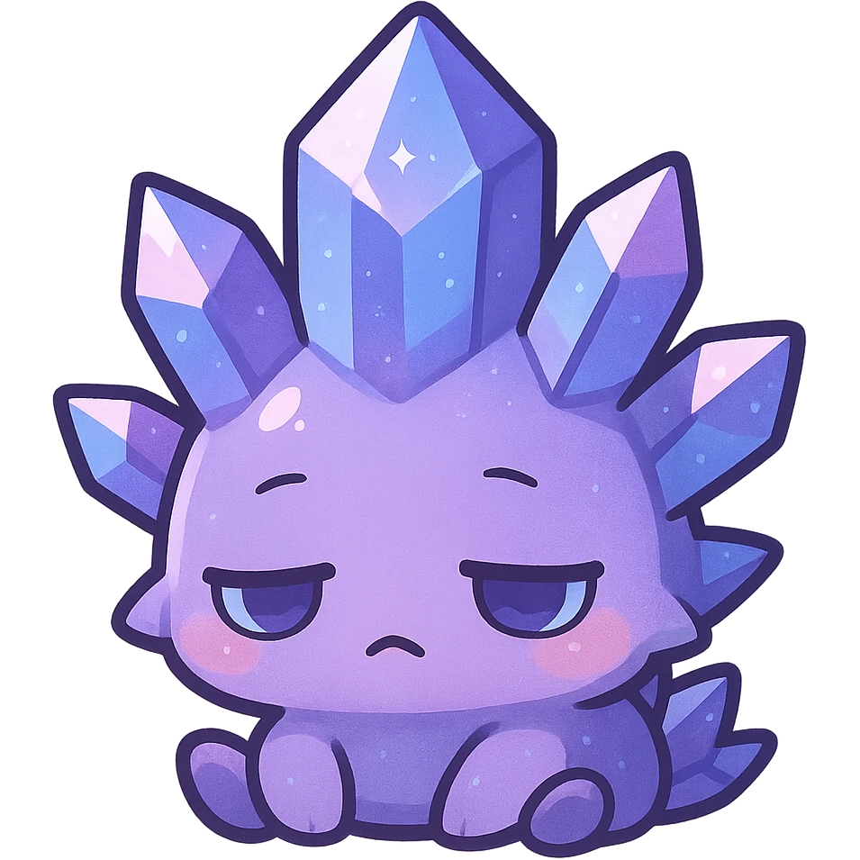 kawaii chibi style crystal sprite creature, purple, blue, and pink colors, sleepy expression, half-closed eyes emoji