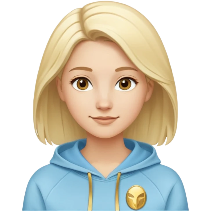 Caucasian female with oval face, light blonde hair with side part, serene smile, light blue sporty hoodie with gold and white fantasy details emoji
