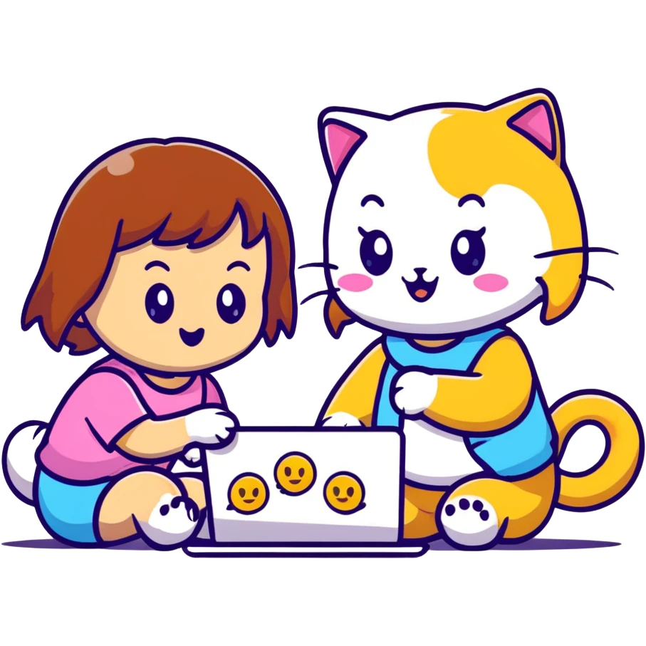two girls watching a cute kitty drawing an emoji, playful cartoon style emoji