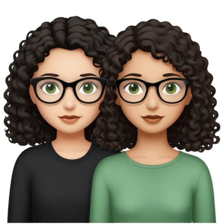 One girl with long dark brown hair, black glasses, green eyes, and neutral skin tone. Another girl with black curly shoulder length hair, hazel eyes, neutral skin tone  emoji