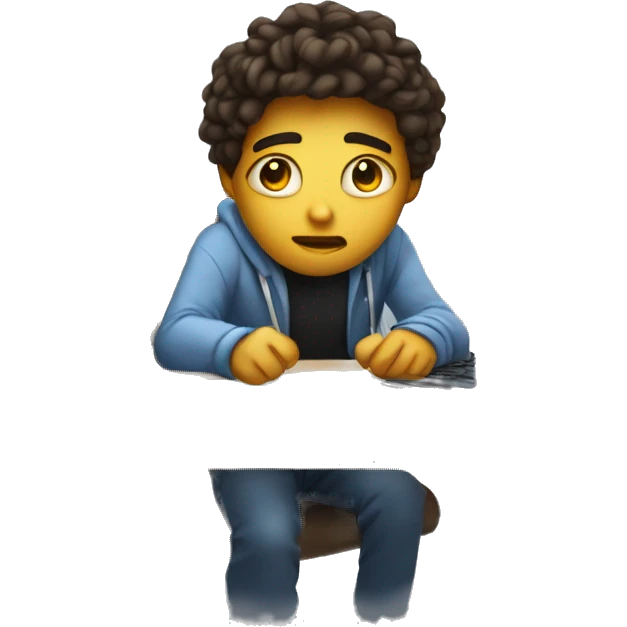 University student, Study hard, lots of assignment deadline, tired, study at Night, using computer, look anxiety, put all the material in on emoji