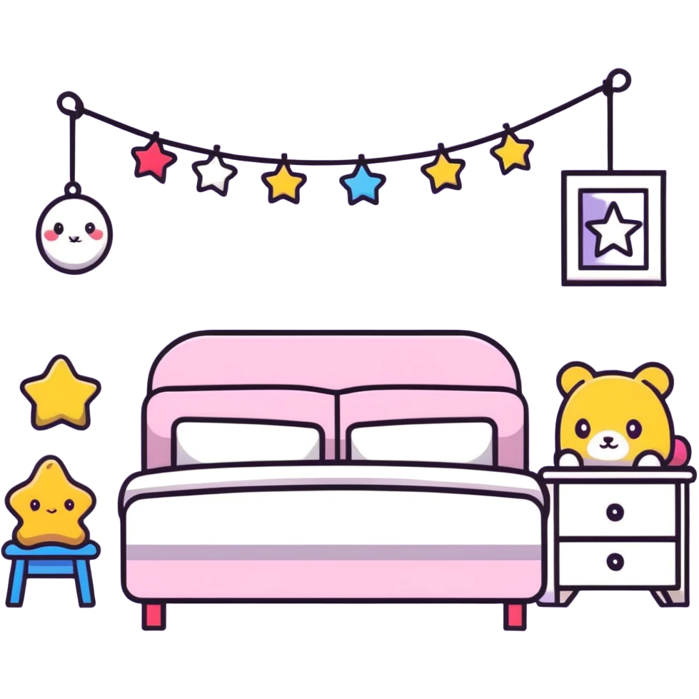 small cute bedroom with kawaii decor, stuffed animals, heart-shaped pillows, star garland emoji