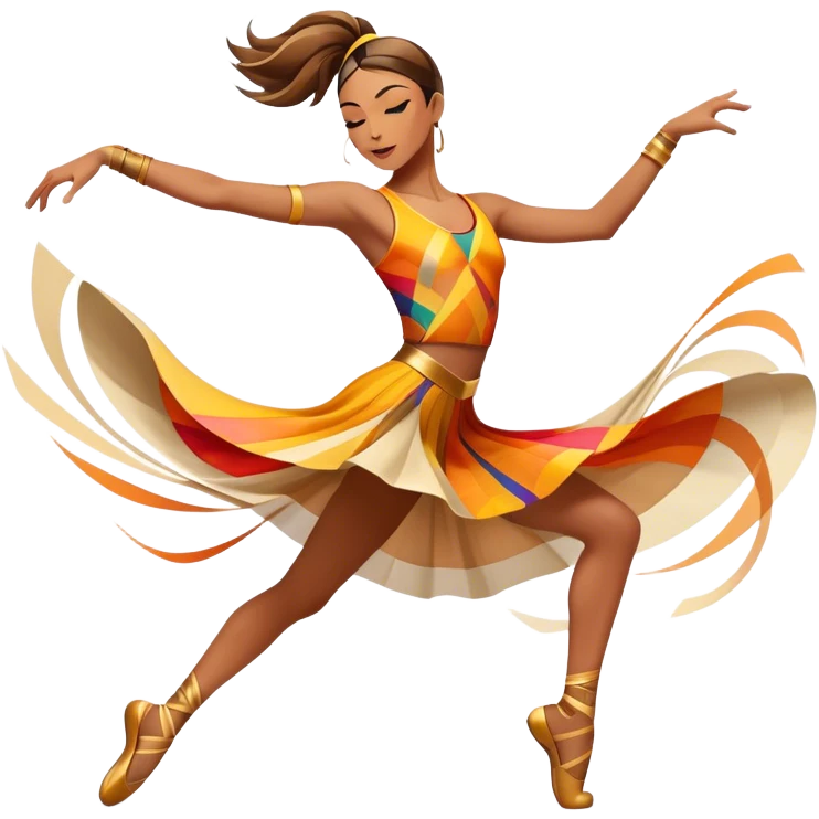 Icon for Contemporary Dance: a dancer in dynamic motion, wearing bright modern clothing, with abstract shapes and movement lines in the background. The icon should also feature stage lighting and spotlights to capture the energetic and expressive nature of contemporary dance. Transparent background. emoji