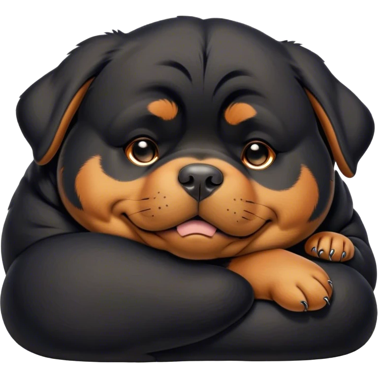 Cinematic Chubby Sleeping Rottweiler Portrait Emoji, Chubby and serene, with a robust, adorable build and a soft, plush black coat with tan markings, eyes gently closed in peaceful slumber, Simplified yet irresistibly endearing features, highly detailed, glowing with a gentle, dreamy glow, high shine, relaxed and content, stylized with a touch of whimsy, bright and heartwarming, soft glowing outline, capturing the essence of a blissfully sleepy guardian, so comically serene it feels like it could roll out of the screen and snore with adorable charm! emoji