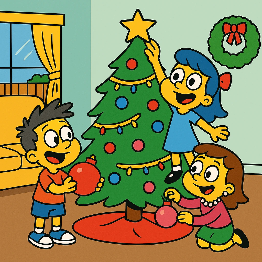little children decorating a Christmas tree in the living room emoji