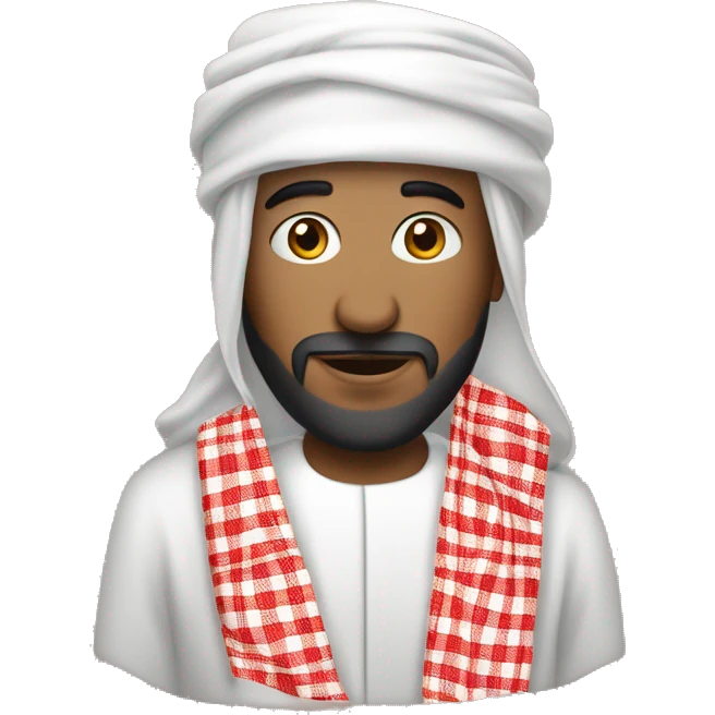  Wearing a traditional thobe (long white garment) and a red-and-white checkered keffiyeh (headscarf), short beard. emoji