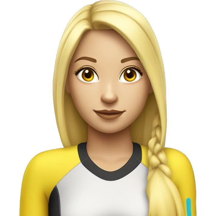 A hot and beautiful cartoon girl with blonde hair with straight bangs tied up with a pretty ponytail wearing a yellow long sleeved sleeves wetsuit emoji