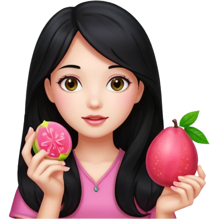 A girl with long black hair holding a piece of guava hard candy emoji