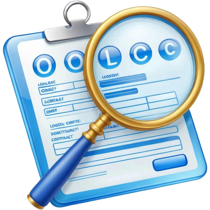 create a realistic emoji showing a logistic contract with a magnifying glass with color blue and white glassy style emoji