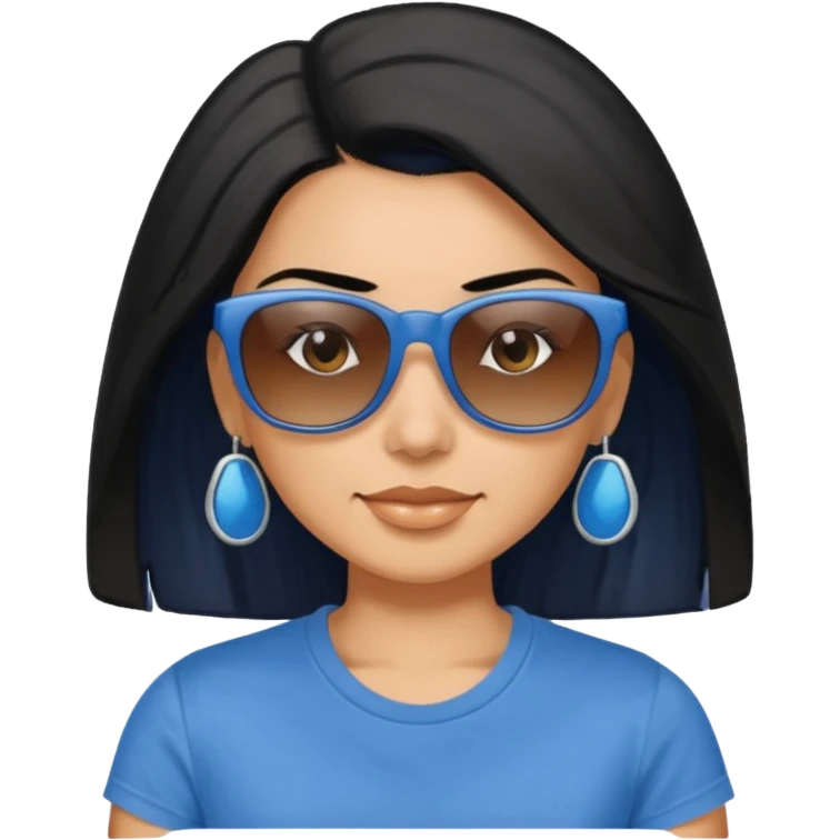 My Sexy wife with sunglasses, black hair, and awesomeness. She has some gray, she's super cute, and her sunglasses are on her head like she doesn't want to wear them. She has brown eyes and is just lovely. Her hair is down her back amd she is wearing a blur t-shirt that says "whiskey & sunshine". emoji