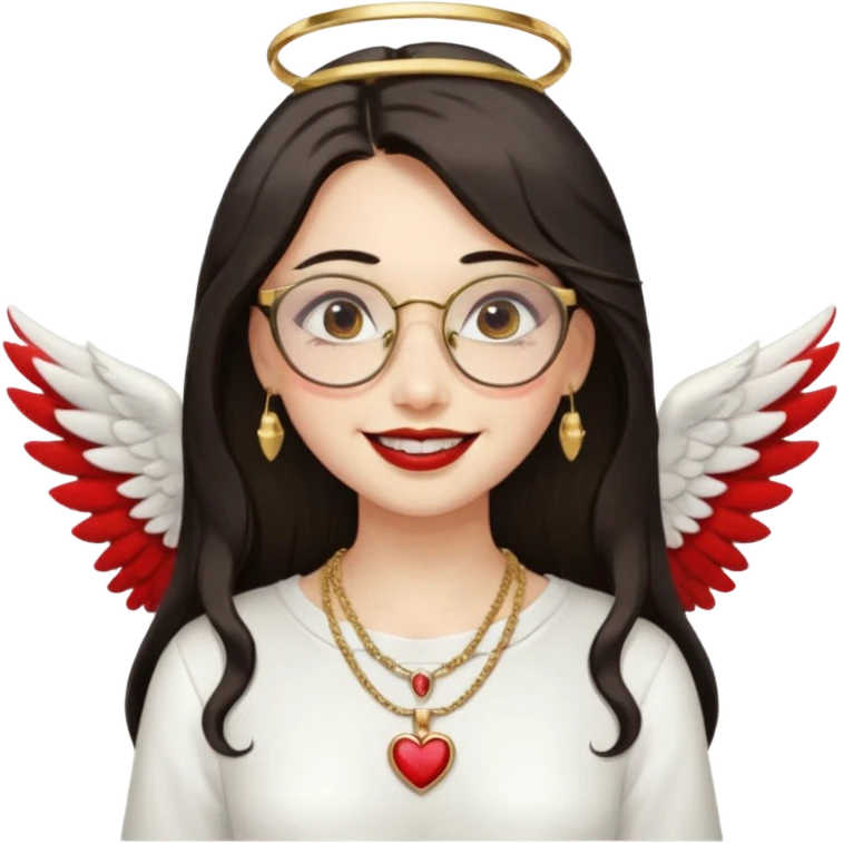 Angel girl with eyeglasses and Middle parted hair long dark hair with red lipstick  and push gold necklaces and dark eyes with withe wings and smile with withe teeth emoji